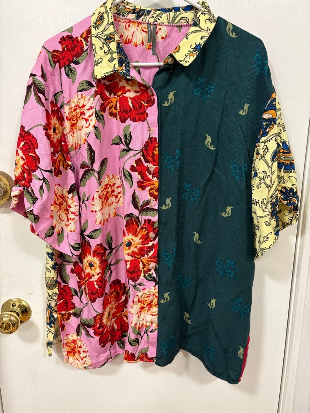 Anthropologie Patchwork Floral & Teal Short-Sleeve Button-Down Shirt